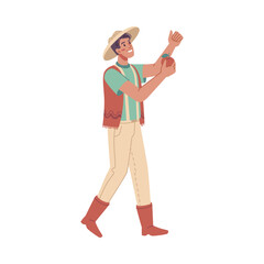 Harvesting season in farm, isolated male character picking apples in garden. Agriculture and farming, agribusiness of organic products. Vector in flat cartoon style