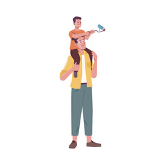 Dad and son working on home renovation and fixing. Kid sitting on fathers neck reaching spots on wall. painting rooms and repairing. Vector in flat cartoon style