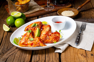 chicken wings with potato wedges and sezam.