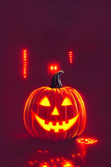 Obraz premium halloween pumpkin / jack-o-lantern with glowing neon light in a cyberpunk city at night - retrowave - neon noir - illustration - painting - concept art - science fiction - poster design