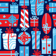 Many gifts boxes and presents on blue background. Celebration. Seamless pattern, vector.