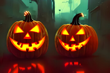  Halloween. Jack Pumpkinhead, all saints night. Party in cyberpunk style. Pumpkin head in neon and fluorescent light - illustration 