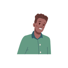 Preteen portrait of child with positive facial expression. Avatar of young man with smile on face. Happy or satisfied kid. Vector in flat cartoon style