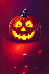 halloween pumpkin / jack-o-lantern with glowing neon light in a cyberpunk city at night - retrowave - neon noir - illustration - painting - concept art - science fiction - poster design