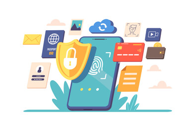 Mobile Data Protection, Security, Privacy in Internet, Virtual Private Network Concept. Smartphone with Shield and Lock