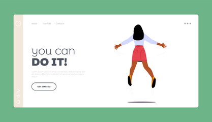 Woman Celebrate Success Landing Page Template. Happy Female Character Jump with Outspread Hands Rear View
