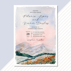 wedding invitation with dreamy mountain watercolor landscape