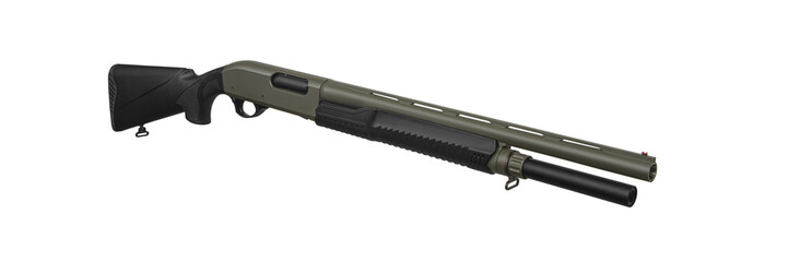 Pump-action 12 gauge shotgun  A smooth-bore weapon with a plastic stock. Khaki shotgun isolated on...