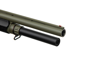 Pump-action 12 gauge shotgun  A smooth-bore weapon with a plastic stock. Khaki shotgun isolated on a white back.