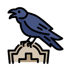 .Crow icon. Filled outline design. Crow stand on grave. Scary halloween crow.