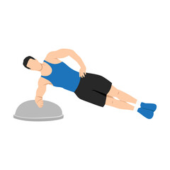 Man doing Bosu ball side plank exercise. Flat vector illustration isolated on white background