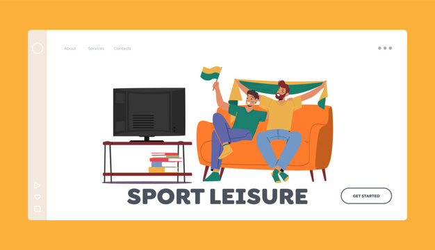 Sport Leisure Landing Page Template. Dad and Son Characters Spend Time Together Watching Football on Tv Sitting on Couch