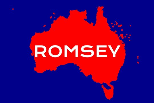 Romsey: Name der australischen Stadt Romsey im Bundesstaat Victoria mit den Umrissen des Landes im Hintergrund