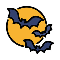 Bat icon. Filled outline design. Flying bats over full moon background.