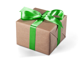 Gift box with green ribbon isolated