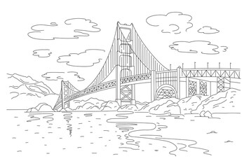 Bridge Golden Gate across the strait. One of the most recognizable bridges in the world. City of San Francisco. Vector linear flat illustration. Hand sketch