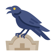 Crow icon. Flat design. Crow stand on grave. Scary halloween crow.