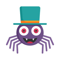 Scary spider icon. Flat design. Scary spider in witch hat isolated on white background.
