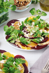 Beetroot and oranges fresh vegetarian salad