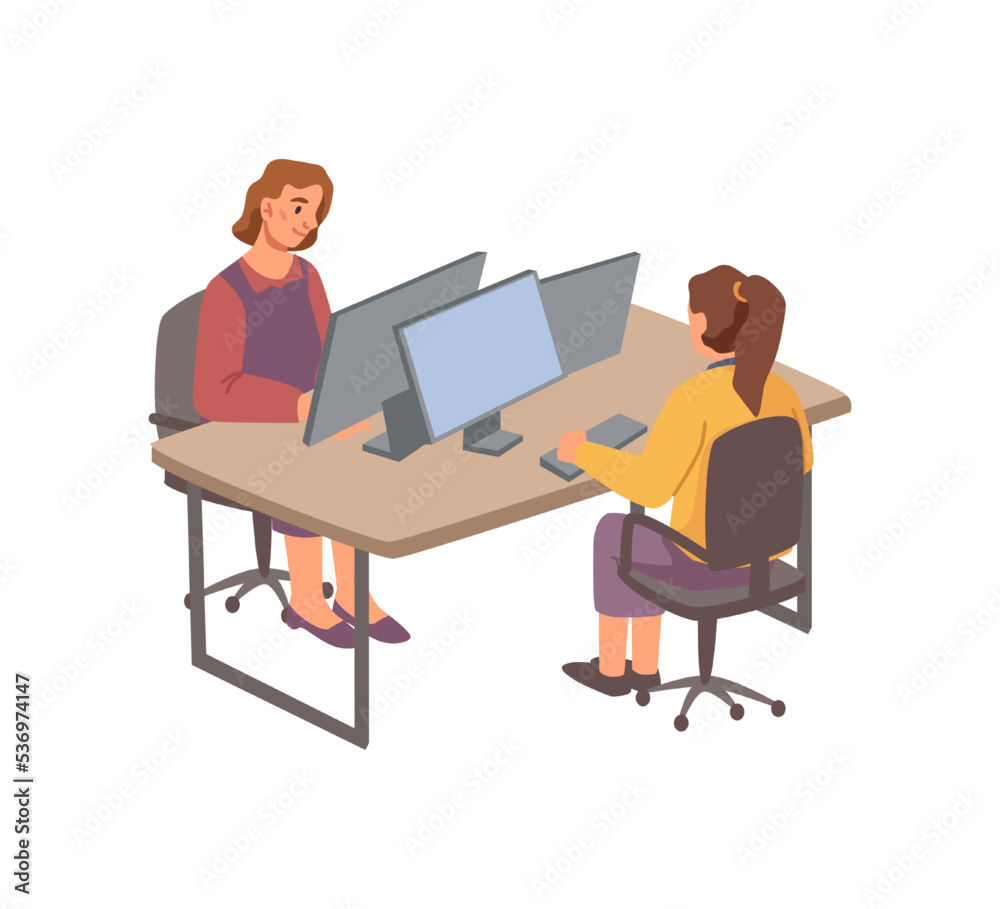 Poster Employees working in office sharing table, coworking spaces of female characters with laptops and computers. Partners or programmers. Vector in flat cartoon style