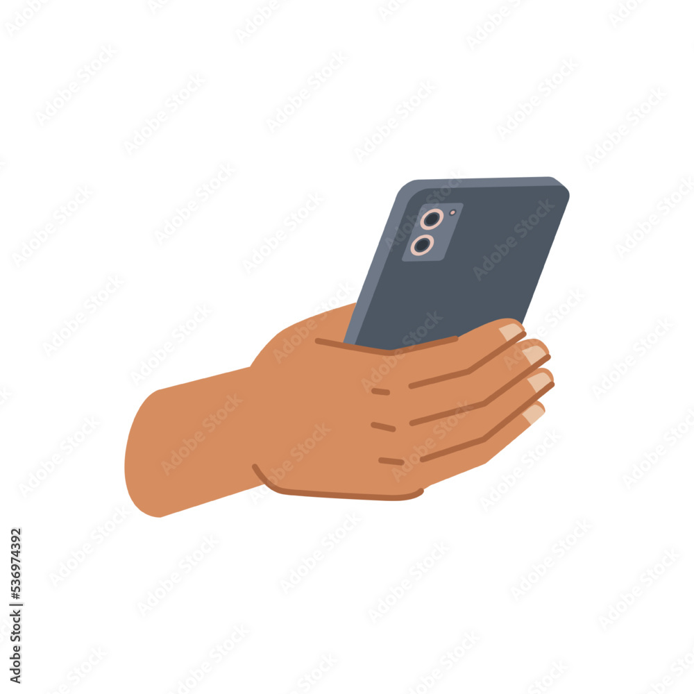 Poster holding and using smartphone, isolated arms with big screen cell phone with cameras. modern electron