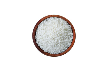 Fototapeta na wymiar Jasmine rice in a wooden bowl on a white background. Isolate. Top view.