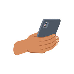Holding and using smartphone, isolated arms with big screen cell phone with cameras. Modern electronic device for communication. Vector in flat cartoon style