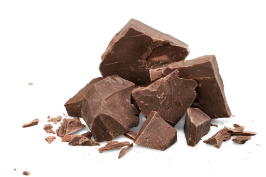 Dark chocolate blocks and bieces isolated on white background