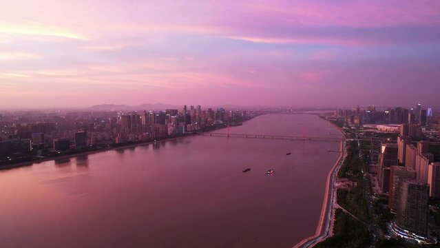 aerial view of landscape of qiantang river in hangzhou at sunset