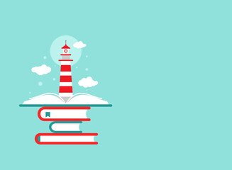 book stack with lighthouse or beacon and clouds on blue background. Vector flat illustration. Knowledge, reading, education logo. Imagination and inspiration picture. Books can help and guide.