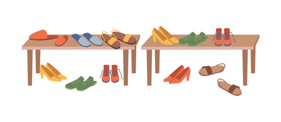 Discounts and sales in shop or women boutique, isolated shelves with shoes and boots. Summer and spring footwear scattered. Vector in flat cartoon style