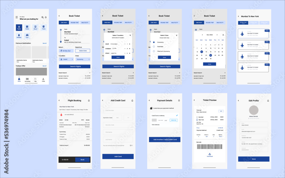 Wall mural online ticket booking app ui ux design. ui, ux, gui layout for booking app, mobile app and responsiv