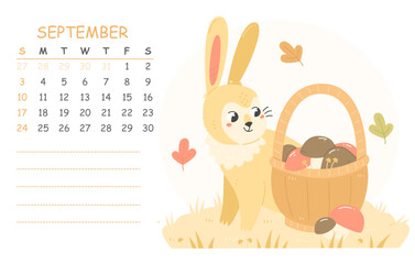 September children's calendar for 2023 with an illustration of a cute rabbit with a basket of mushrooms. 2023 is the year of the rabbit. Vector autumn illustration calendar page.