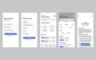 Online job finder app UI UX design. Online Recruitment. UI, UX, GUI layout for online job, responsive website and mobile app. vector illustration.