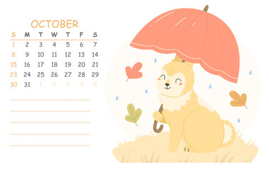 October children's calendar for 2023 with an illustration of a cute rabbit with a red umbrella. 2023 is the year of the rabbit. Vector autumn illustration calendar page.