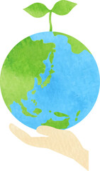 新芽の生えた地球と手のエコイメージイラスト