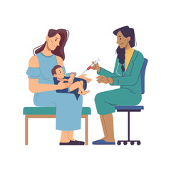 Vaccination of children, isolated doctor giving shot to kid. Healthcare and providing immunity for babies. Clinics or hospital. Vector in flat cartoon style