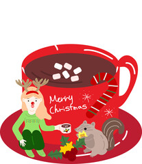 Christmas girl. Garlands, flags, labels, bubbles, ribbons and stickers. Collection of Merry Christmas decorative icons