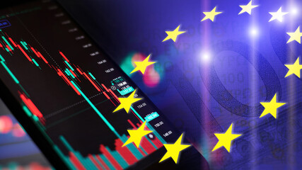 A Stock market background with European Union Flag and Falling market chart