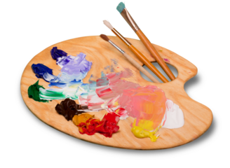 Wooden art palette with blobs of paint and a brushes on white background
