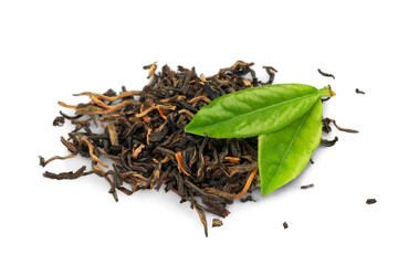 Tea and leaves isolated on white background