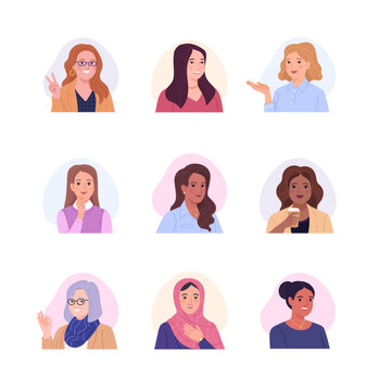 Collection Of Female Avatars. Vector Cartoon Illustration Of Portraits Of Diverse Smiling Businesswomen And Office Employees Of Different Ages And Ethnicities. Isolated On White