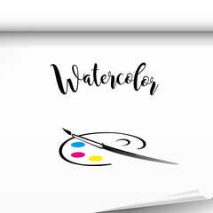 Palette with paint on a white background with a brush
