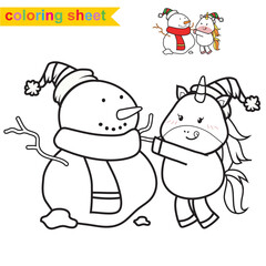 Cute unicorn with Christmas theme illustration. Educational printable coloring worksheet. Coloring page for preschool children. Vector outline for coloring page. Activity kit for kindergarten students