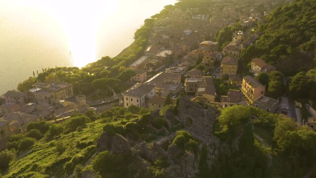 Cinematic Aerial View Above Orsinis Fortress in Trevignano Romano, Lazio, Italy