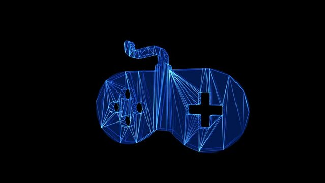 Gaming Pad Icon Blue Low Poly Rotating on black background. concept of Futuristic games. Video games concept. gamepad controls video game. Blockchain games.