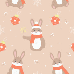 Vector seamless pattern with cute rabbits as a symbol of chinese new year 2023. Sweet bunny in hat and scarf for children christmas print on textile. Winter cartoon rabbit for kids
