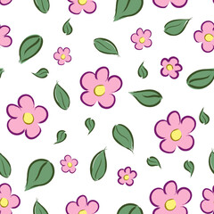 Vector seamless floral pattern with pink flowers and green leaves on white background