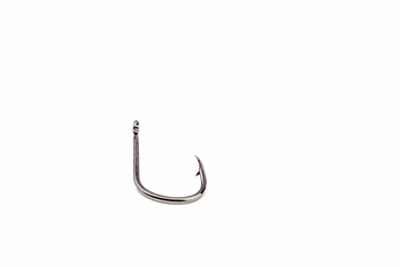 close up of fishing hook isolated on white background