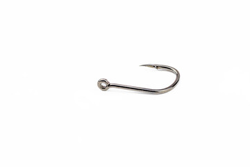 close up of fishing hook isolated on white background